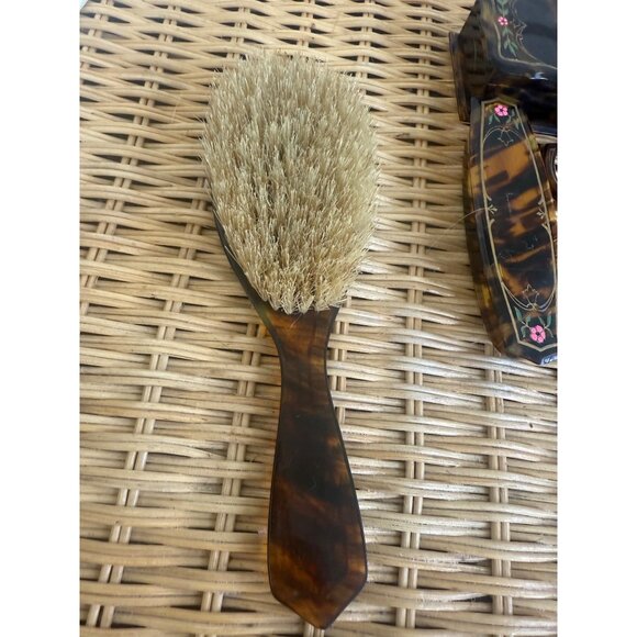 Antique 20's Faux Tortoise Carved Celluloid Painted Flowers Vanity set - Picture 2 of 15